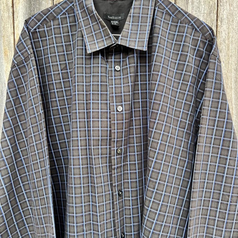 VAN HEUSEN Men's Black blue Square Plaid Button Up Long Sleeve Dress Shirt XXL - Picture 4 of 6